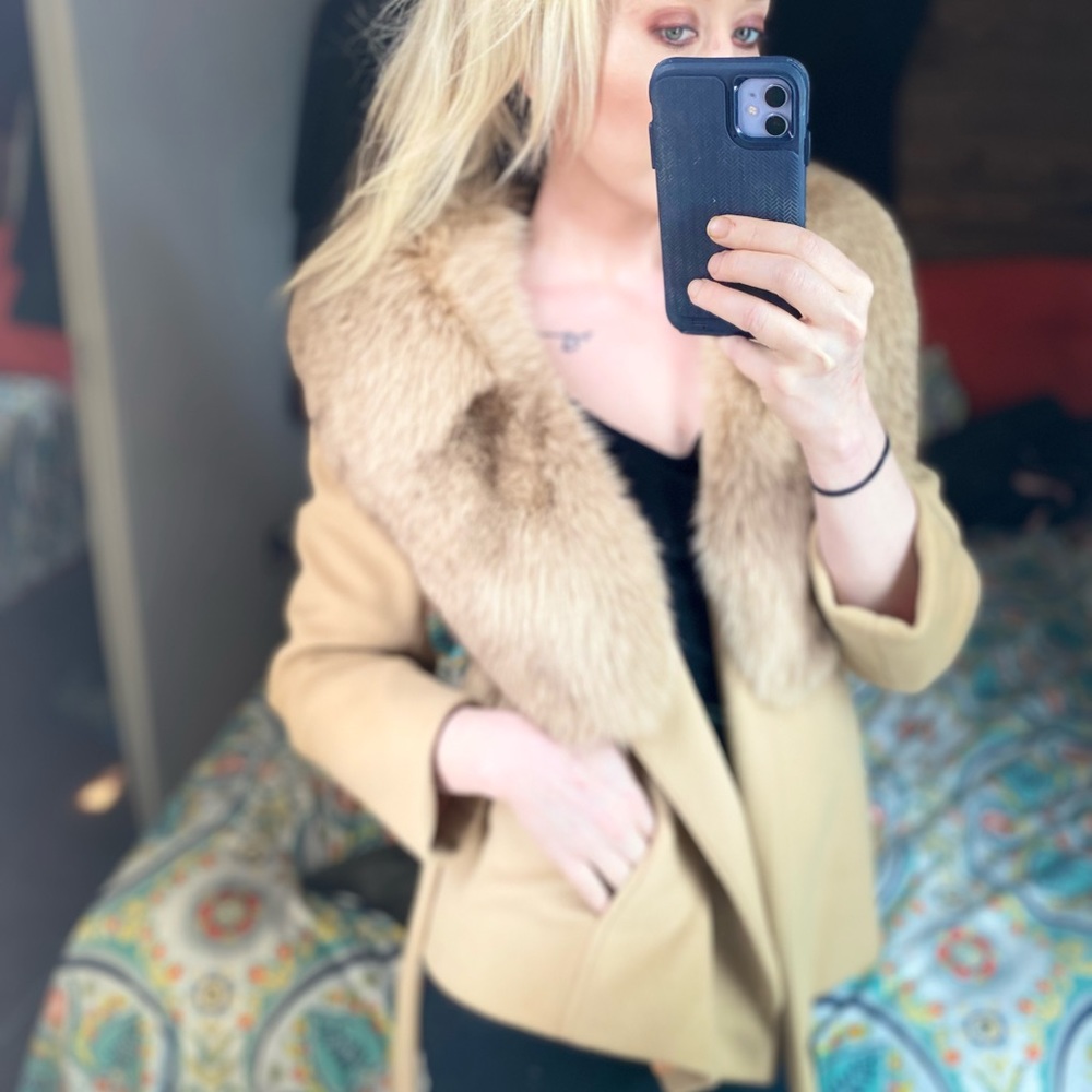 30% OFF BUNDLES! REAL FUR 100% CASHMERE TRENCHCOAT JACKET DUSTER COAT VINTAGE - Picture 14 of 16
